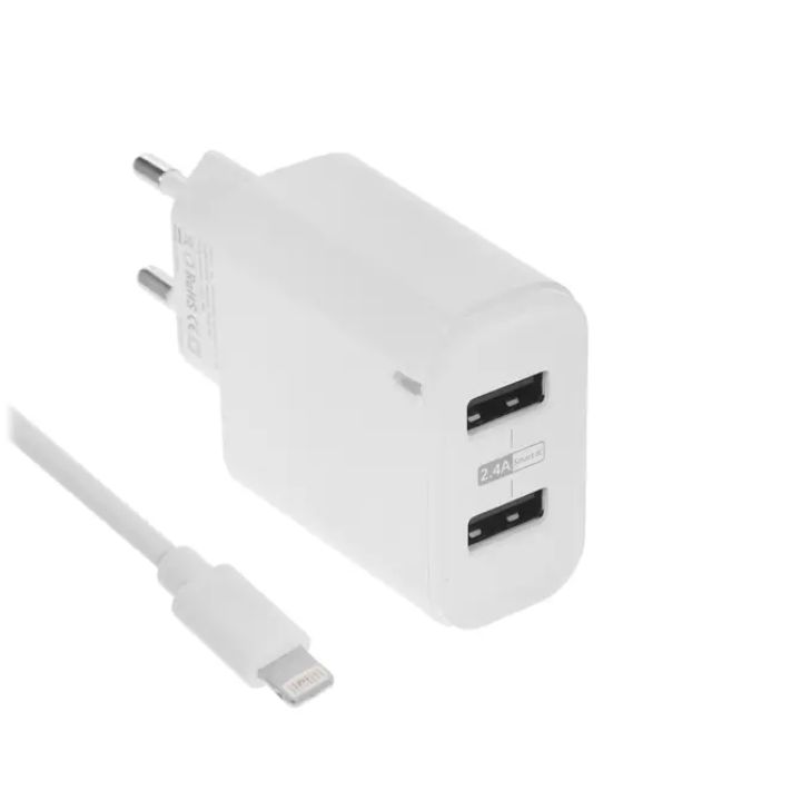 купить Зарядное устройство сетевое Olmio USBx2, 2.4А, Smart IC + 8-pin кабель в комплекте, белый в Алматы