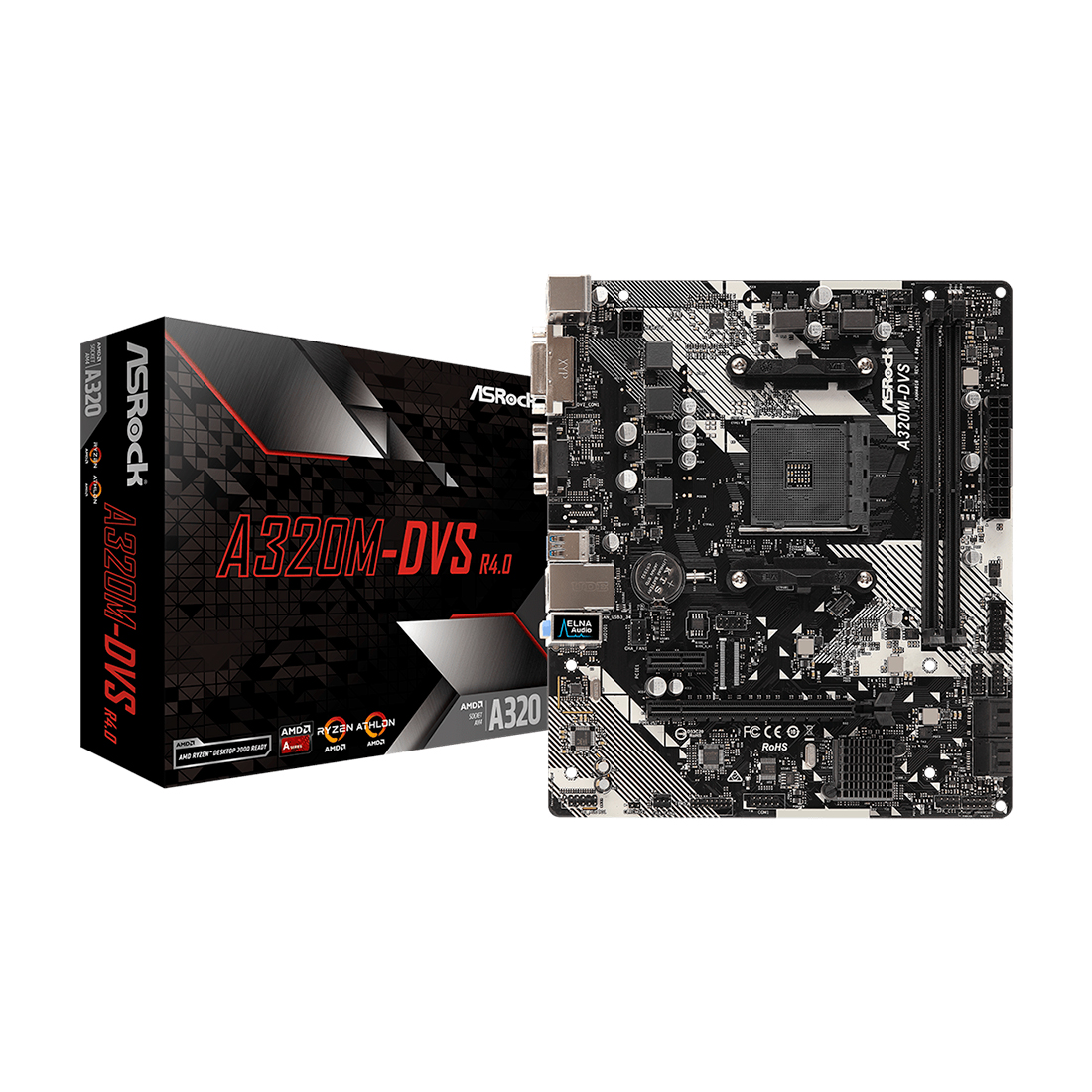 купить Материнская плата ASRock A320M-DVS R4.0, AM4, 2xDDR4 (3200 OC), 4xSATA3 Support RAID, 1xPCI-E3.0x16 (Поддержка модулей NVMe SSD в качестве загрузочных дисков) 1xPCI-E 2.0x1, 1xD-Sub, 1xDVI, 2xUSB2.0, 4xUSB3.1, 1xRG45, mATX  в Алматы