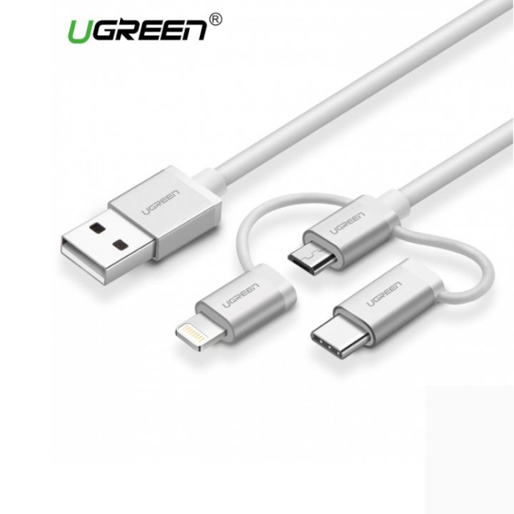 купить Переходник Ugreen US186 USB 2.0 A To Micro USB+Lightning+Type C (3 in 1) Cable Sliver 1.5M, 50203 в Алматы
