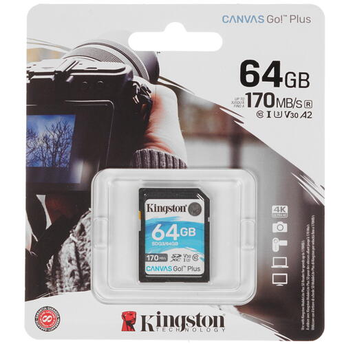купить Карта памяти SD, Kingston Canvas Go! Plus, 64GB, SDG3/64GB, Class 10, UHS-I, R170/W70 в Алматы