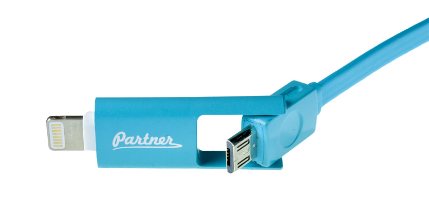 купить Кабель OLMIO USB 2.0 - microUSB/Apple 8pin, 2-в-1, 1м, 2.1A, голубой, плоский в Алматы