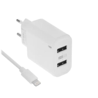 Купить Зарядное устройство сетевое Olmio USBx2, 2.4А, Smart IC + 8-pin кабель в комплекте, белый Алматы