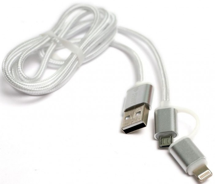 купить Kабель PowerPlant Quick Charge 2A 2-в-1 cotton USB 2.0 AM &ndash; Lightning/Micro 1м&nbsp;grey в Алматы
