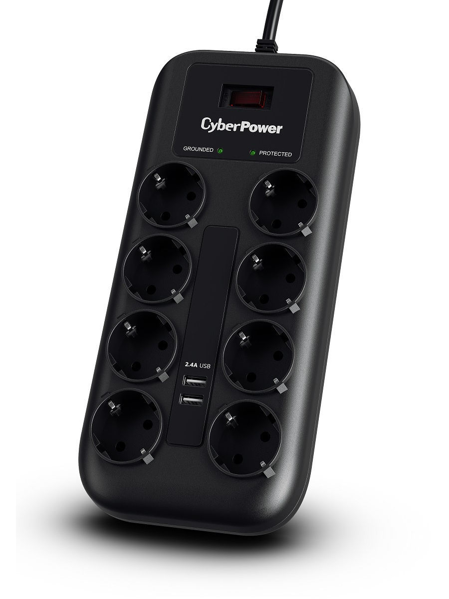 купить Сетевой Фильтр CyberPower P0820SUE0-DE NEW  1,8м, 8 розеток, 10А, 1050Дж, 2 USB 2,4A, черный цвет в Алматы