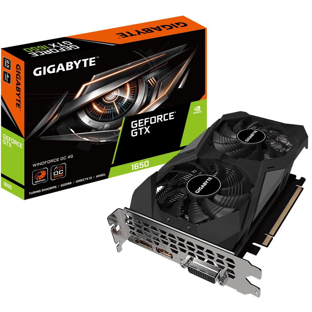 купить Видеокарта, Gigabyte, GTX1650 WINDFORCE OC D6 4G (GV-N1656WF2OC-4GD) 4719331306588, GDDR6, 128bit, HDMI, DP, DVI-D, Цветная коробка в Алматы