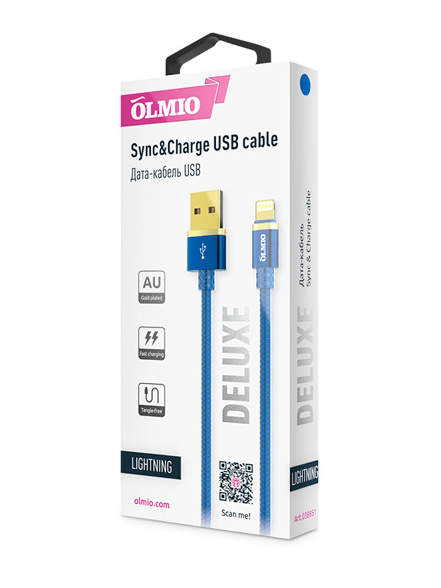 купить Кабель OLMIO DELUXE, USB 2.0 - lightning, 1м, 2.1A, синий в Алматы