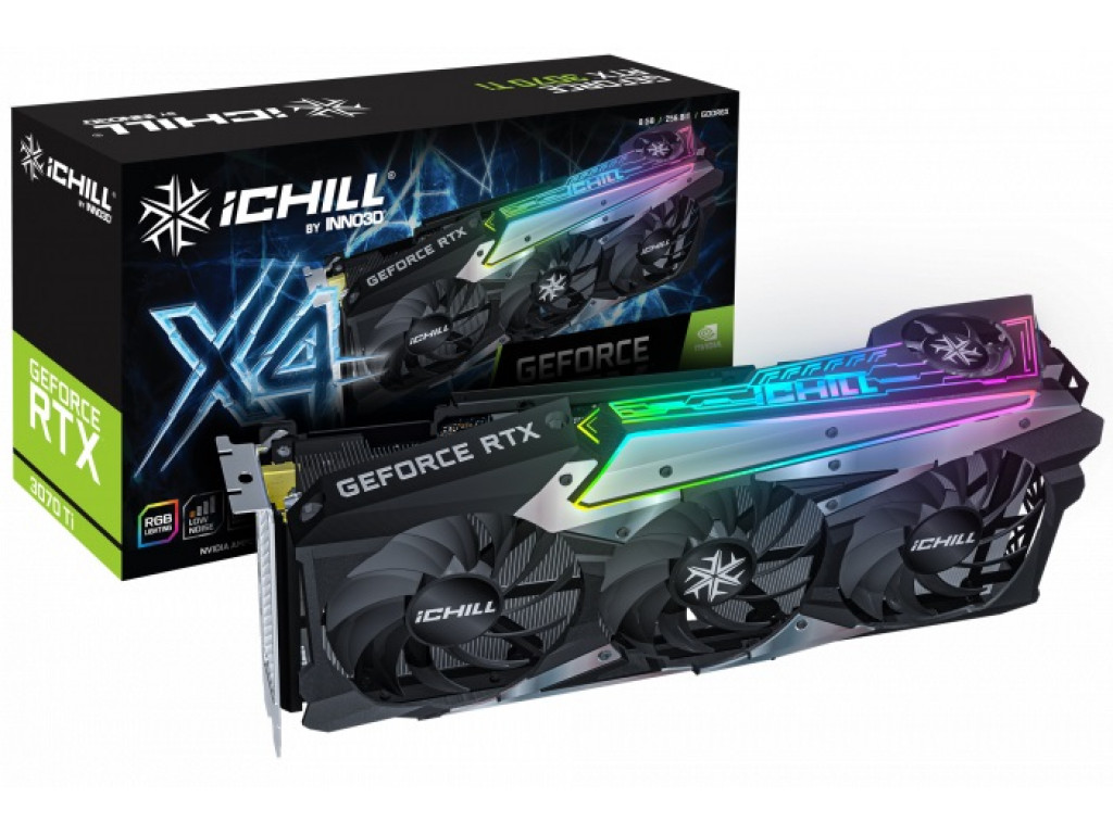 купить 8GB RTX 3070 Ti GDDR6X 256-bit 1575/1830 MHz, DPx3, HDMI, PCIe4.0, Inno3D iChill X4 (C307T4-086XX-1820VA35) 4Fan, 300 мм, 3 слота, A-RGB подсветка, 8-pinX2, Потребление 220W -> Блок питания Мин. 650W 80PlusBronze (Брендовый) (520W настоящих) в Алматы