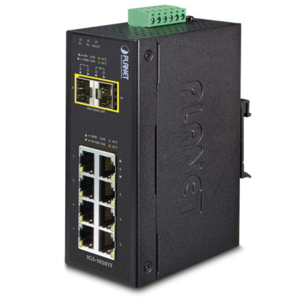 купить Planet IGS-1020TF - коммутатор не управляемый в промышленном исполнении IP30. 8-портов 10/100/1000T + 2-порта 100/1000X SFP Ethernet Switch (-40~75 degrees C) в Алматы