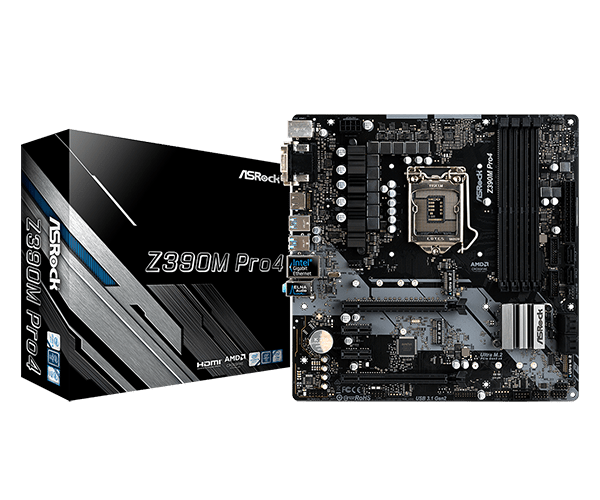 купить ASRock, Z390M PRO4 , LGA1151v2, iZ390, 4xDDR4 2666, 6xSATA3, 2xM2.0, Raid, 1xD-Sub, 1xDVI-D, 1xHDMI, 2xPCI-Ex16, 2xPCI-Ex1, mATX в Алматы