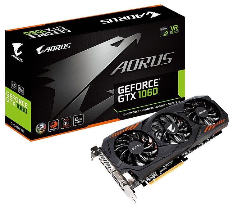 купить Видеокарта, Gigabyte, GTX1060 AORUS 6G (GV-N1060AORUS-6GD) 4719331301842, GDDR5, 192bit, DVI, HDMI, 3-DP, Windforce 3X Fan, Цветная коробка в Алматы