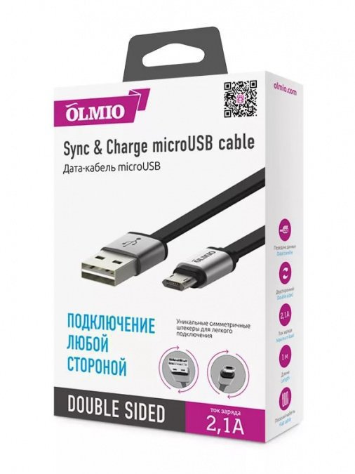 купить Кабель OLMIO USB 2.0 - microUSB,  1м, 2.1A, черный в Алматы