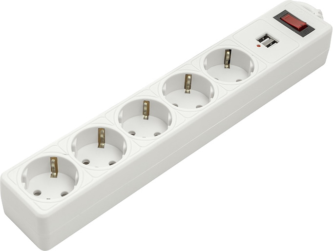 купить Сетевой фильтр PowerPlant 5 м, 3x1.5мм2, 10А, 5 розеток, 2xUSB 2.1A, евростандарт (JY-1056U/5) в Алматы