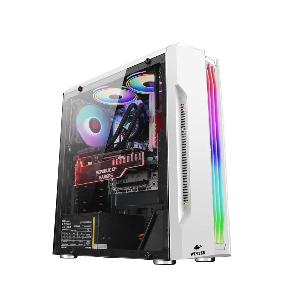 Купить Корпус Wintek Flame D525-W TG, Midi Tower, ATX, White, 2x3.5*/2x2.5*, 2xUSB, RGB в Алматы