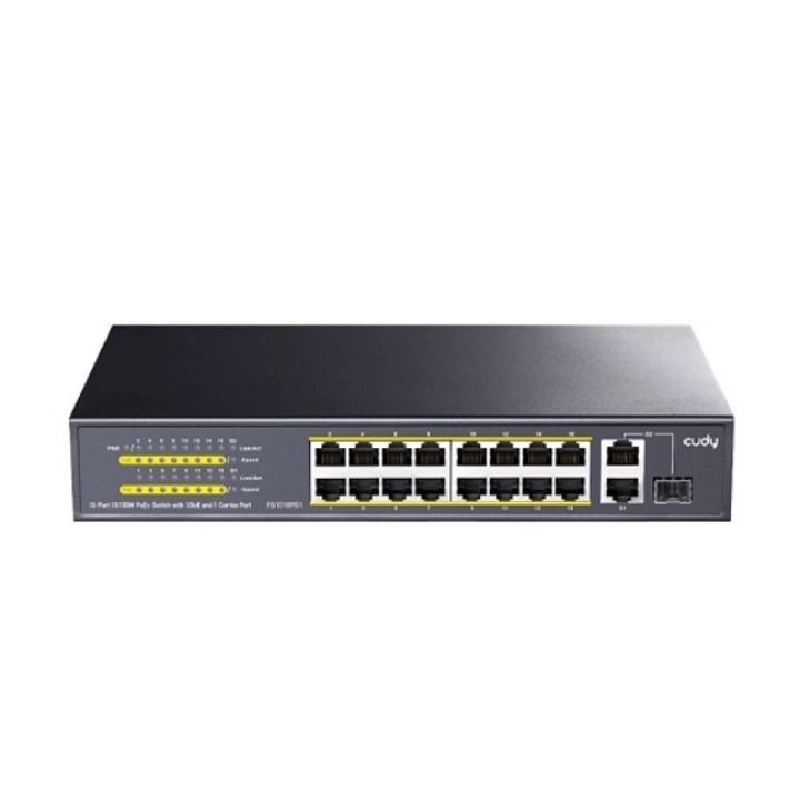 купить Коммутатор PoE+ 16-портовый CUDY FS1018PS1 <16 RJ-45 10/100M+2 Gigabit RJ- 45 +1SFP Port with 16 POE Ports Switch with Built-in power supply, support 16-port IEEE 802.3at PoE+ Injector, Steel case, 200W Internal> в Алматы