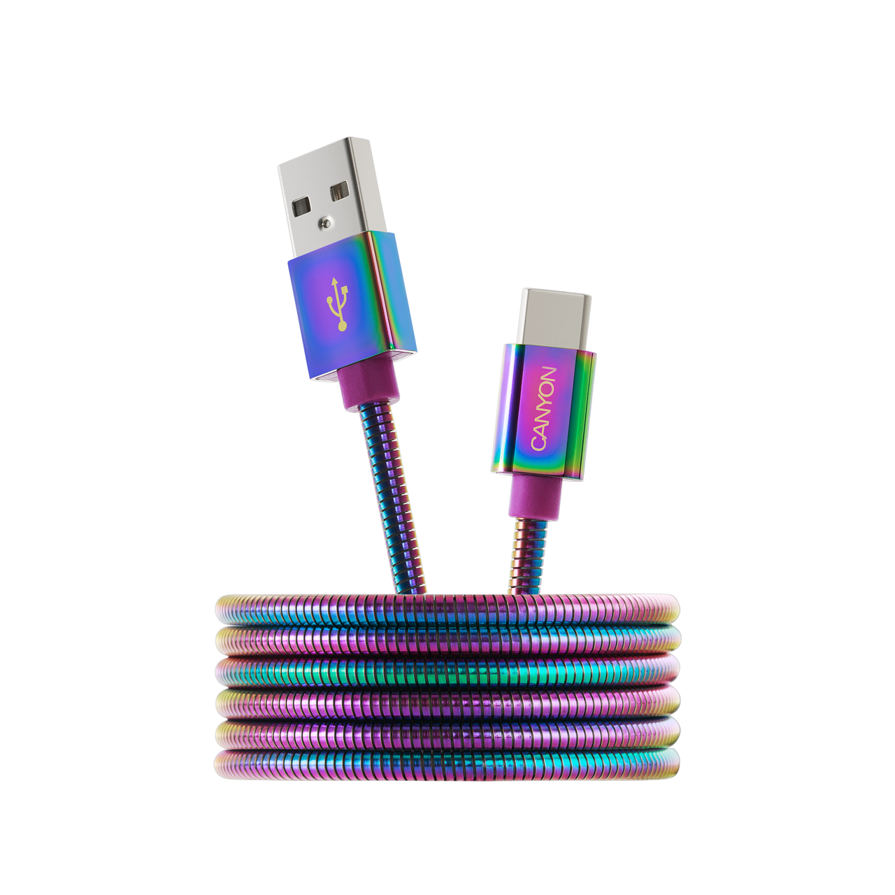 купить CANYON UC-7 Type C USB 2.0 standard cable, Power output 5V/9V 2A, OD 3.8mm, metal shell, cable length 1.2m, Rainbow, 14*6*1000mm, 0.04kg в Алматы