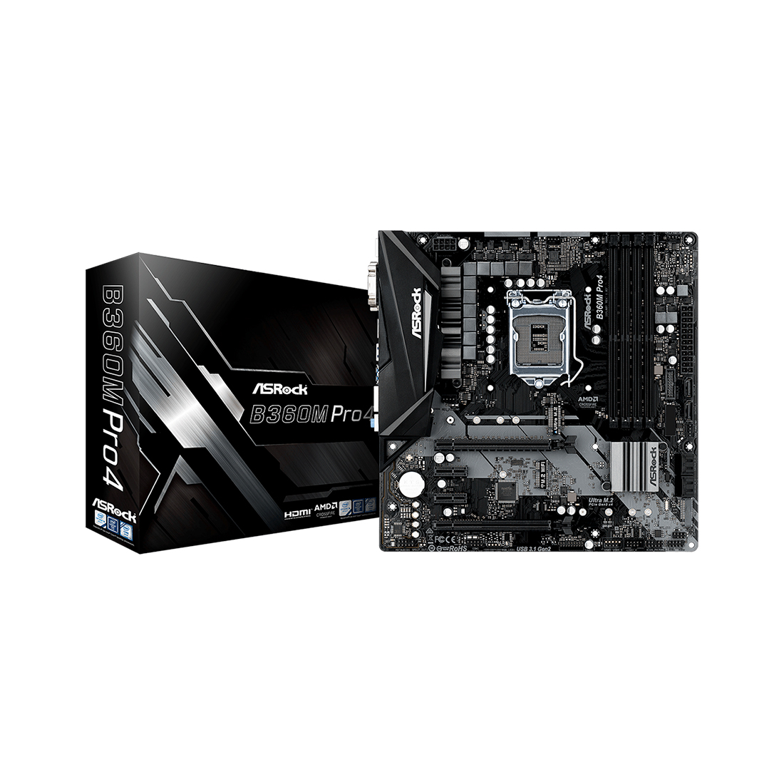 купить Материнская плата ASRock B360M PRO4 LGA1151 B360 4xDDR4 (2666) 6xSATA3 1xUM.2 1xM.2 1xD-Sub, 1xDVI-D, 1xHDMI, 2xPCI-E3.0x16, 2xPCI-E3.0x1 Supports AMD Quad CrossFireX™ and CrossFireX™, 2xUSB2.0, 4xUSB3.1, 2xPS/2,  1xRJ-45, HD Audio Jacks: Line in / F в Алматы