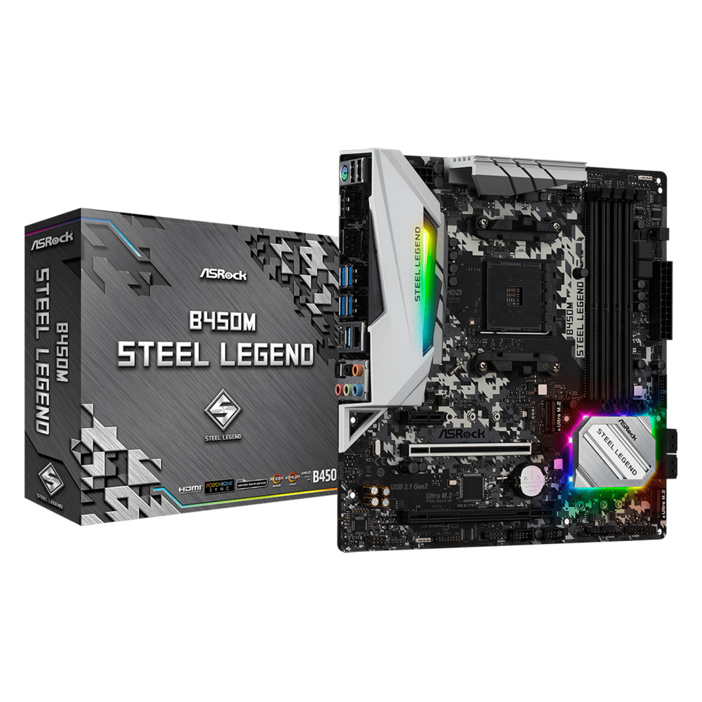 купить ASRock B450M STEEL LEGEND sAM4 B450 4xDDR4 M.2 HDMI-DP1.2 SPDIF Type C mATX в Алматы