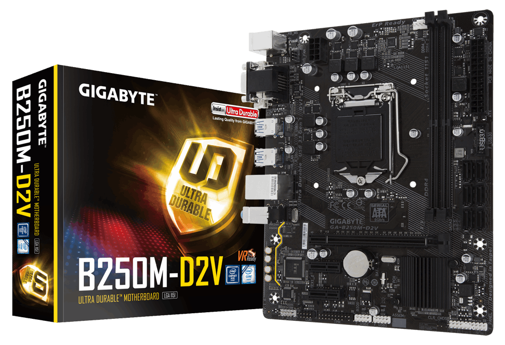купить Сист. плата Gigabyte B250M-D2V, B250, S1151, 2xDDR4 DIMM, 1xPCIe x16, 2xPCIe x1, 6xSATA, mATX, BOX в Алматы