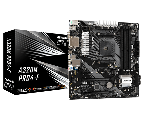 купить Материнская плата ASRock A320M PRO4-F AM4 4xDDR4 4xSATA3 2xM.2 D-Sub DVI HDMI mATX в Алматы