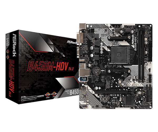 купить Материнская плата ASRock B450M HDV R4.0, Socket AM4, AMD B450, 2xDDR4, D-SUB+DVI+HDMI, 2xPCI-Ex16 в Алматы