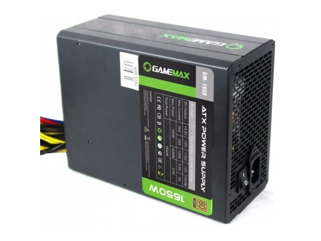 купить Блок Питания  Серии 80 Plus GOLD 1650W Gamemax GM-1650 20+4P 4+4P ATX 5*IDE 7*SATA 8x2*PCI-E6+2P FAN 140мм с серебряным предохранителем. Поддерживает подлючение одновременно работу большого кол-ва видеокарт (15x1050Ti или 11x1060Ti 6GB или 9x1070Ti и в Алматы