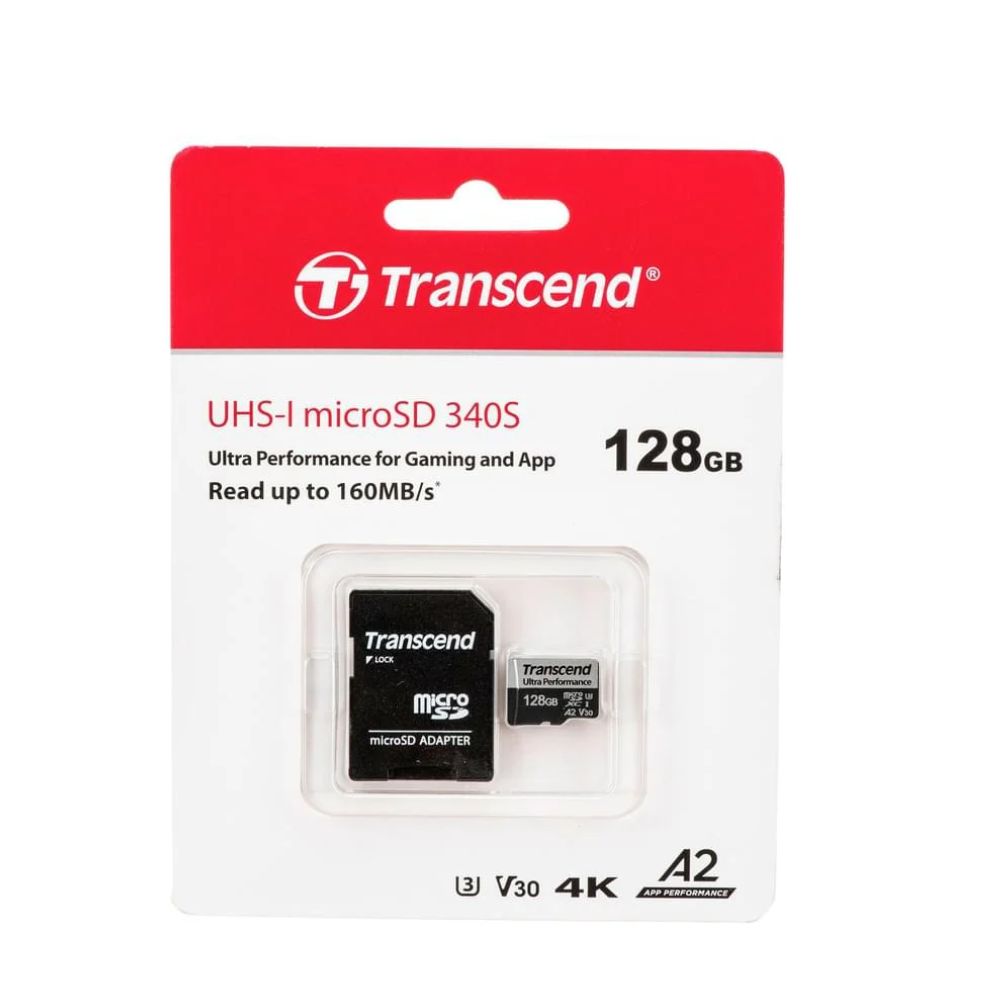 купить Карта памяти Micro SDXC 128GB Transcend 340S, Class 10 UHS-I U3, A2, адаптер, 160/90 Мбайт/с TS128GUSD340S в Алматы