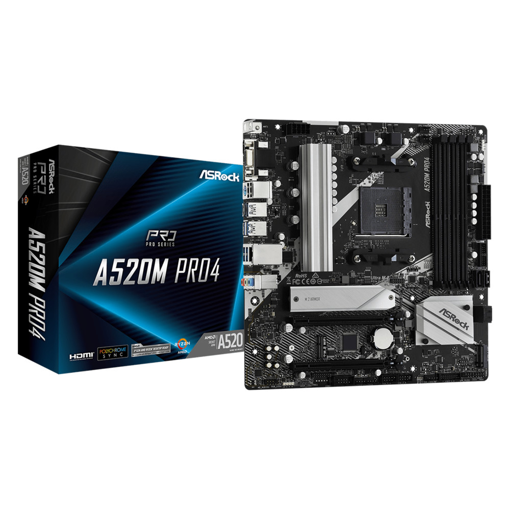 купить Материнская плата ASRock A520M PRO4 AM4 4xDDR4 6xSATA3 M.2 D-Sub HDMI DP mATX в Алматы