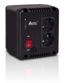 купить Стабилизатор (AVR), SVC, AVR-1010-G, Мощность 1000ВА/600Вт, Индикация режимов работы, Диапазон работы AVR: 140-270В, 2 вых., Чёрный в Алматы