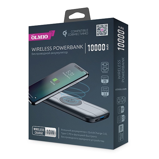 купить Зарядное беспроводное устройство Power bank Olmio QW-10, 10000mAh, серый в Алматы