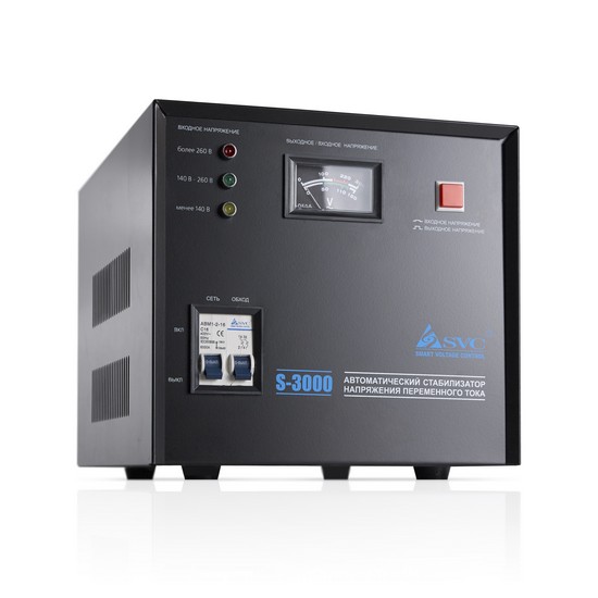 купить Стабилизатор (AVR), SVC, S-3000, Мощность 3000ВА/2400Вт, Сервоприводный, Индикация режимов работы, Диапазон работы AVR: 140-260В, Клеммная колодка., Чёрный в Алматы