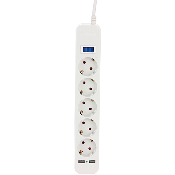 купить Сетевой фильтр SVEN SF-05LU 3,0 м (5 евро розеток,2 USB) белый  в Алматы