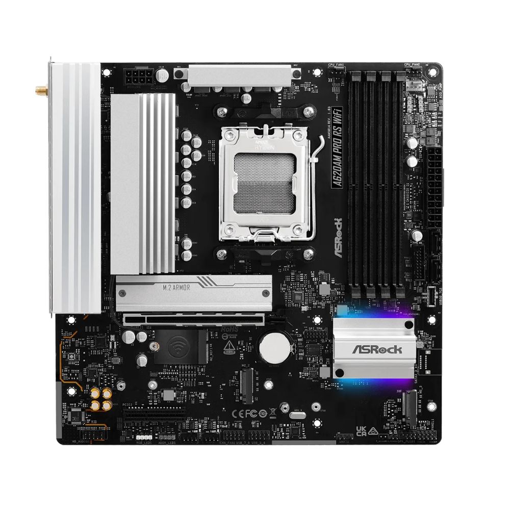 Купить Материнская плата ASRock A620AM PRO RS WIFI AM5 4xDDR5 2xSATA3 RAID 3xM.2 Type-C HDMI DP WiFi6E mATX в Алматы