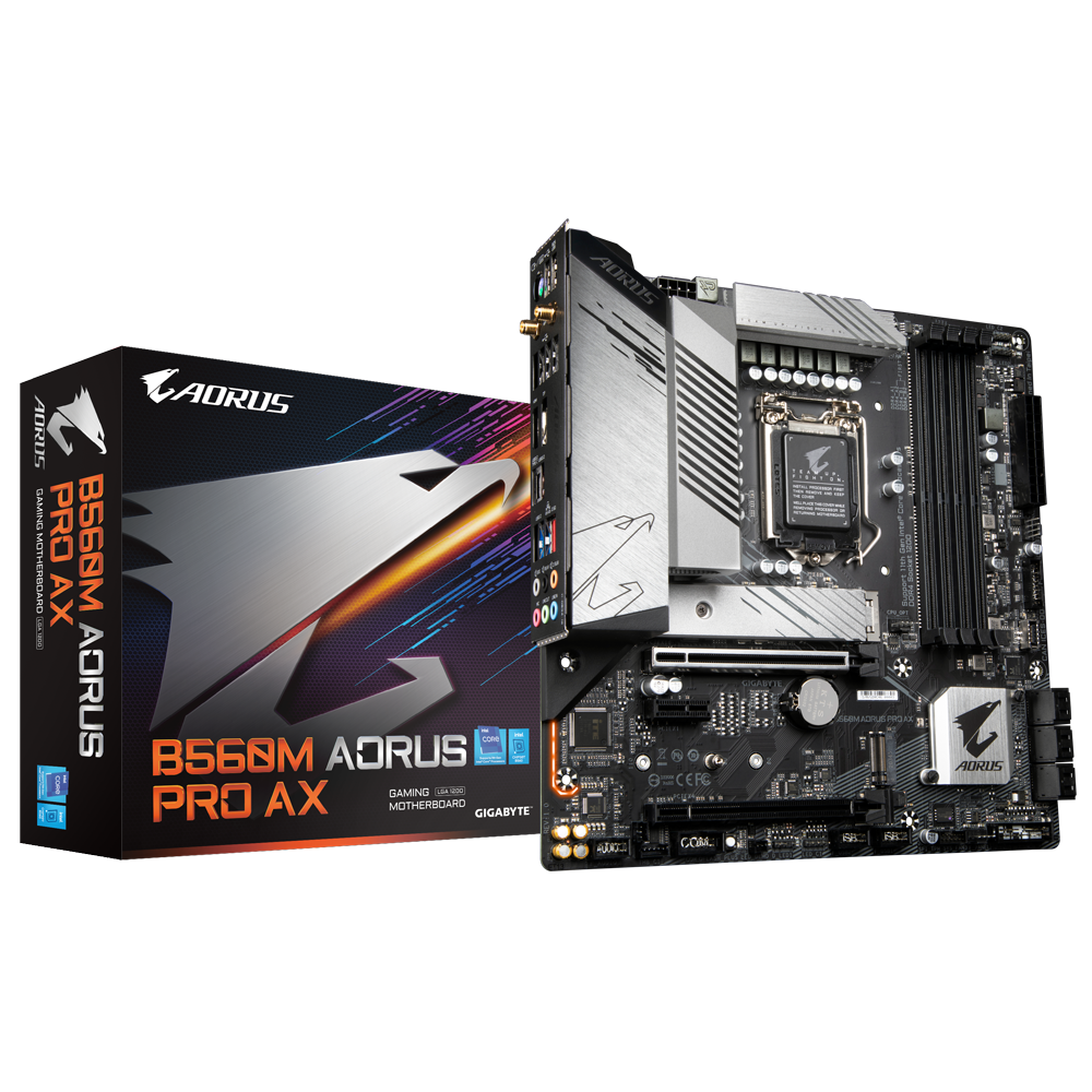 купить Сист. плата Gigabyte B560M AORUS PRO AX, B560, 1200, 4xDIMM DDR4, 2xPCI-E x16, PCI-Ex1, M.2, 5xSATA, DP, BOX в Алматы