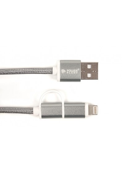 купить Kабель PowerPlant Quick Charge 2A 2-в-1 cotton USB 2.0 AM &ndash; Lightning/Micro 2м&nbsp;grey в Алматы