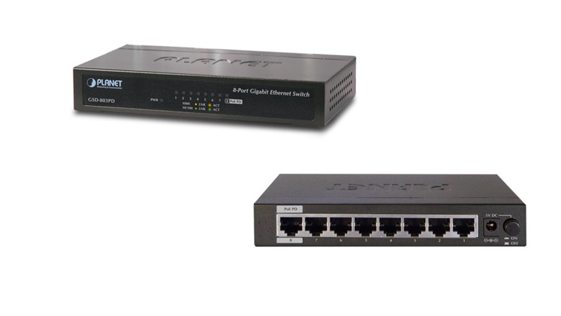 купить Коммутатор, Planet, GSD-803PD, Настольный, 8 портов 10/100/1000М RJ45, Корпус металл, 1 порт PoE в Алматы
