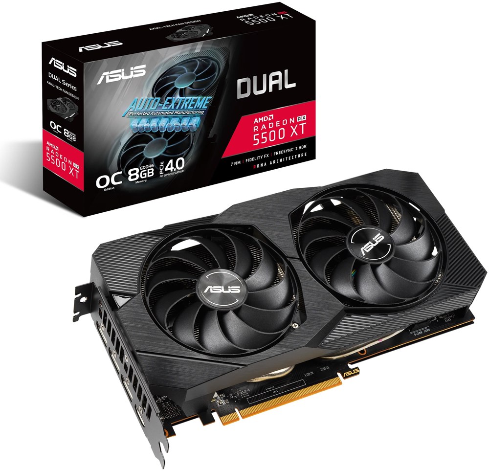 купить Видеокарта ASUS RX 5500, DUAL-RX5500XT-O8G-EVO, RDNA 7nm, 8Gb/128bit, GDDR6, HDMI, 3xDP 1.4, BOX в Алматы