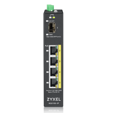 купить Промышленный PoE+ коммутатор Zyxel RGS100-5P, 4xGE PoE+, 1xSFP, крепление на стену/DIN-рейку, IP30, два источника питания DC, бюджет PoE 120 Вт в Алматы