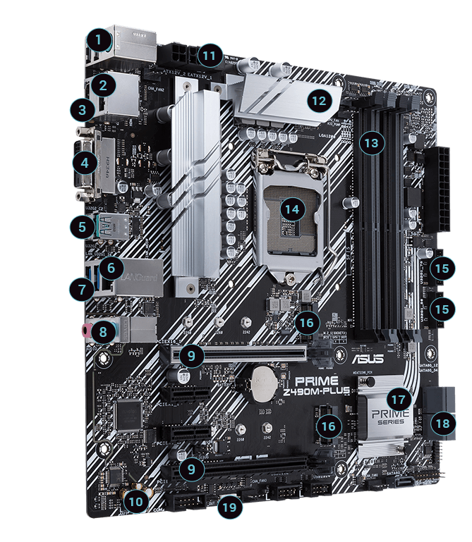 купить Материнская плата ASUS PRIME Z490M-PLUS LGA1200 4xDDR4 5xSATA3 2xM.2 DVI-D HDMI DP mATX в Алматы