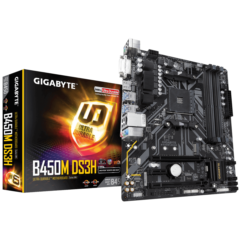 купить Gigabyte, B450M DS3H, AM4, B450, 4xDDR4 2933, 4xSATA3, 1xM.2, 1xDVI-D, 1xHDMI, 2xPCI-Ex16, 1xPCI-Ex1, ATX в Алматы