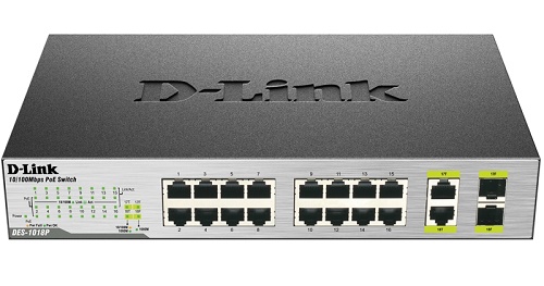 купить Неуправляемый коммутатор DES-1018P D-Link с 16 портами 10/100BASE-TX, 2 комбо-портами 10/100/1000BASE-T/SFP и функцией энергосбережения (8 портов с поддержкой PoE 802.3af (15,4 Вт), PoE-бюджет 80 Вт) в Алматы