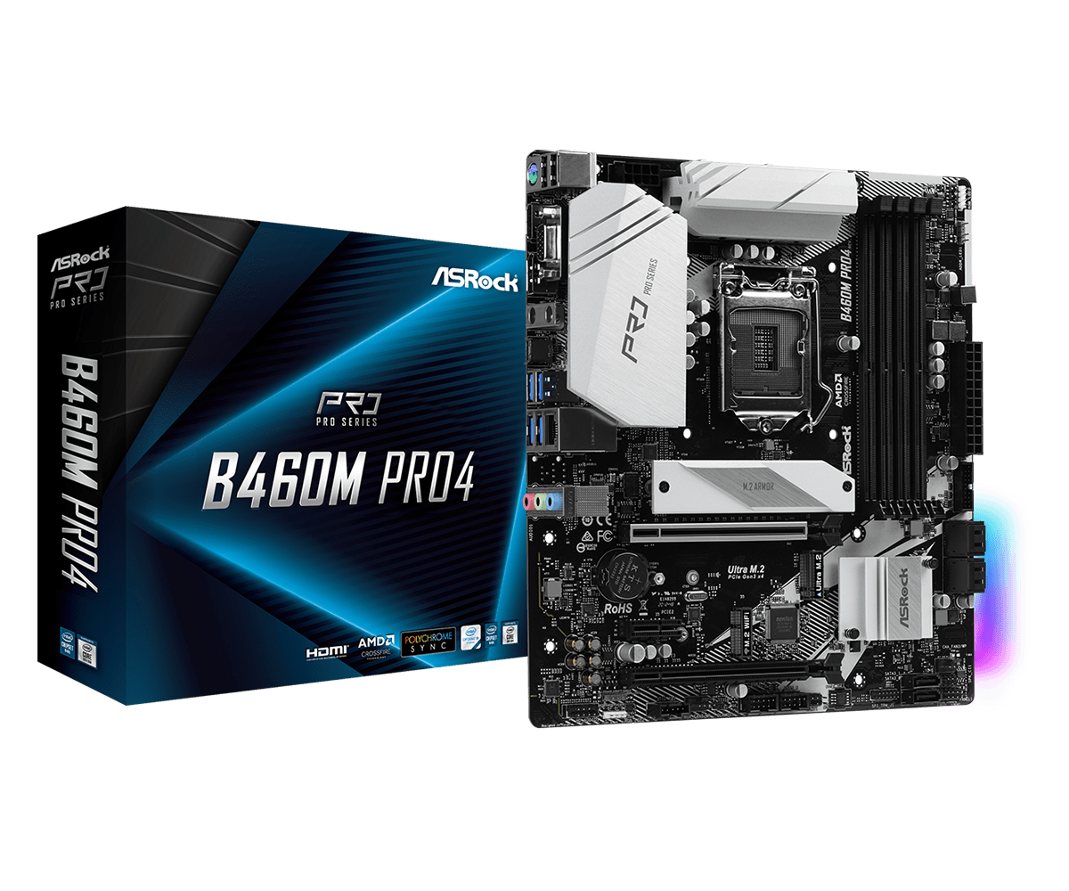 купить Материнская плата ASRock B460M PRO4 LGA1200 4xDDR4 6xSATA RAID 2xUM.2 D-Sub HDMI DP mATX в Алматы