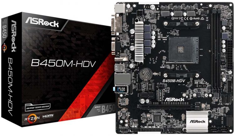 купить Материнская плата ASRock B450M-HDV R4.0, AMD AM4 Socket, 2xDDR4 (3200+ OC) 4xSATA3, 1xUM.2 (PCIe Gen3 x4 & SATA3), 1xHDMI, 1xDVI-D, 1xD-Sub, 2xUSB2.0, 4xUSB3.1, 1xRG45, mATX  в Алматы