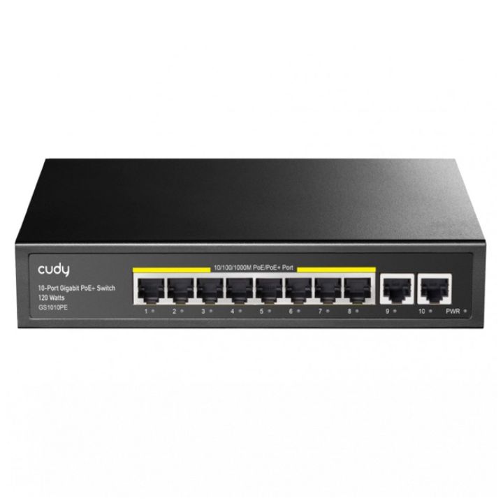 купить Коммутатор PoE+ GbE  8-портовый CUDY GS1010PE <8 RJ-45 10/100/1000M PSE ports +2 RJ45 10/100/1000  Uplink Port Unmanaged PoE+ Switch 120W,  802.3af/at standard,Alternative 1/2(+),3/6(-), Steel Case, 120W internal> в Алматы