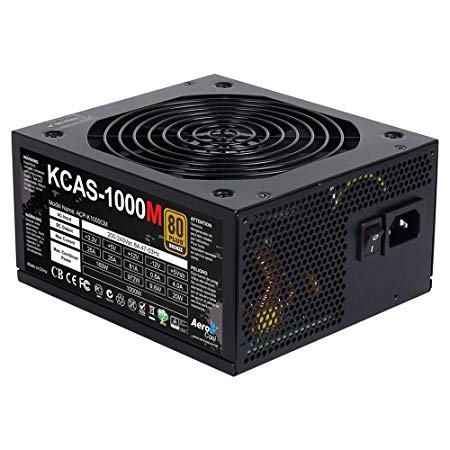 купить Блок питания, Aerocool, KCAS-1000M, 1000W, ATX, APFC, 20+4 pin, 4+4pin, 10*Sata, 6*Molex, 1*FDD, 6*PCI-E 6+2 pin, Поддержка Haswell, Вентилятор 14 см, Кабель питания, Чёрный                                                                              в Алматы