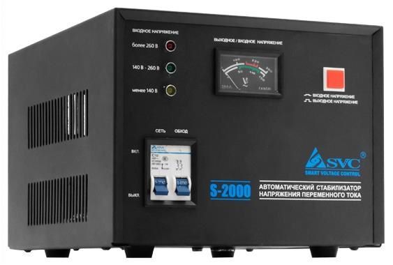 купить Стабилизатор (AVR), SVC, S-2000, Мощность 2000ВА/1600Вт, Сервоприводный, Индикация режимов работы, Диапазон работы AVR: 140-260В, 2 вых., Чёрный в Алматы