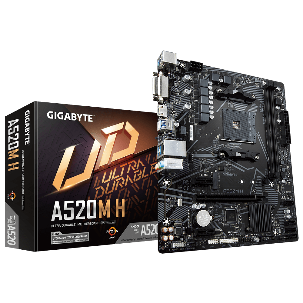 купить Материнская плата GIGABYTE GA-A520M-H, AM4, A520, DVI+HDMI, GbLAN, 4 SATA, 1xM2, 2DDR4, MicroATX в Алматы