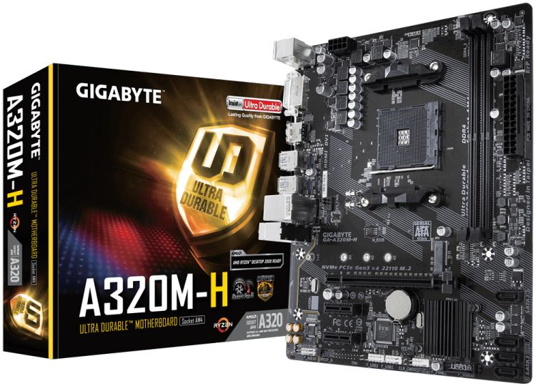 купить Материнская плата, Gigabyte, GA-A320M-H (4719331804442), AM4, B350, 2xDDR4 2400, 4xSATA3, 1xM.2, 1xHDMI, 1xDVI-D, 1xPCI-Ex16, 2xPCI-Ex1, mATX в Алматы