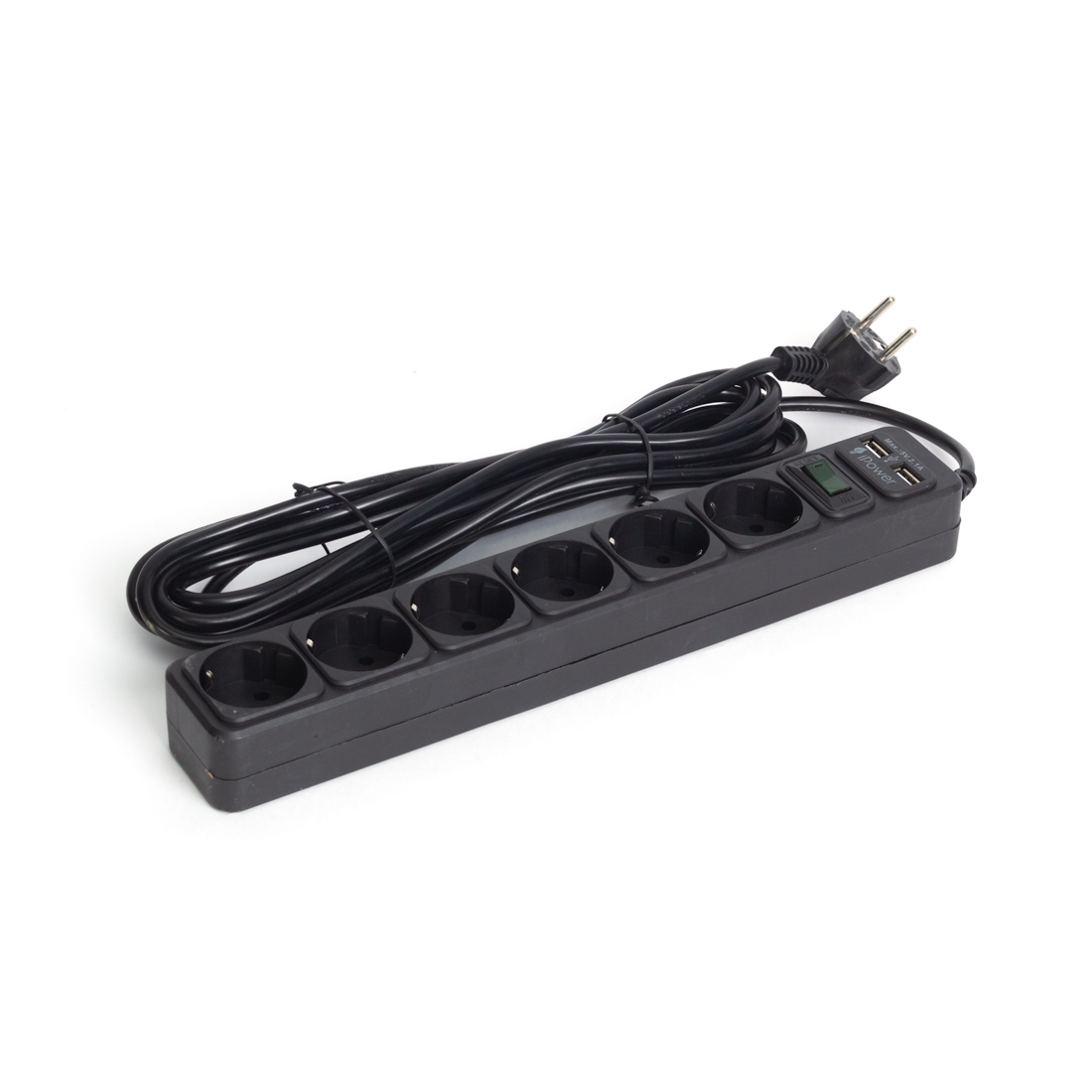 купить Сетевой фильтр, iPower, iPEO5m-USB, 6 розеток, 5 метров, Два USB-порта 220-240В, 10A, Чёрный в Алматы