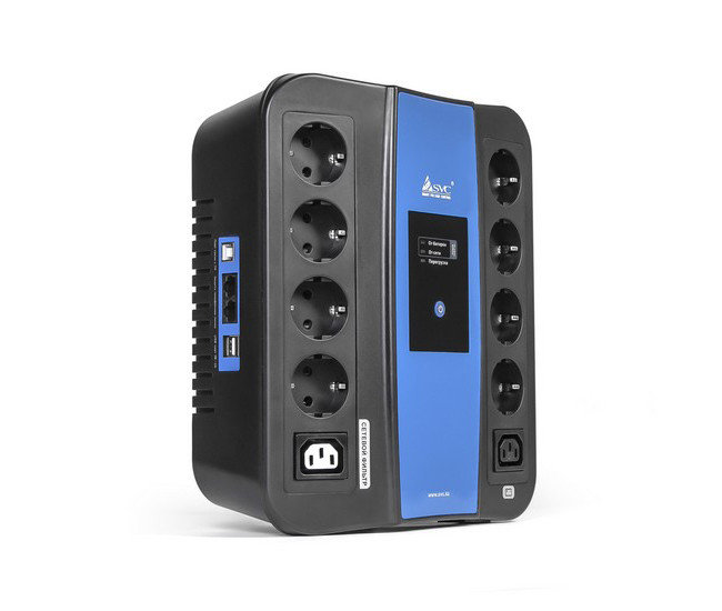 купить UPS, SVC, U-1000, Smart, USB, Мощность 1000ВА/600Вт, Диапазон работы AVR: 165-275В, Бат.: 12В/9 Ач., 8 вых.: Shuko CEE7(4 с работой от батареи,4 сетевой фильтр), 2 вых.: IEC C13, Защита тел. линии, USB 5В/2А*2 шт., Чёрно-синий в Алматы