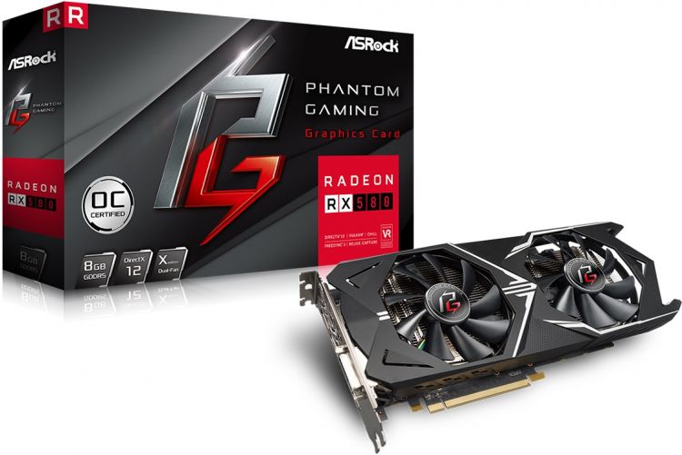 купить Видеокарта ASRock PHANTOM GAMING X RADEON RX580 8Gb OC GDDR5 256bit 1380 MHz/8000 MHz,  1xDVI, 1xHDMI, 3xDisplayPort. Двойной шаровый подшипник вентилятора, Два Вентилятора с Высокопроизводительными композитными тепловыми трубками, Поддержка разрешен в Алматы